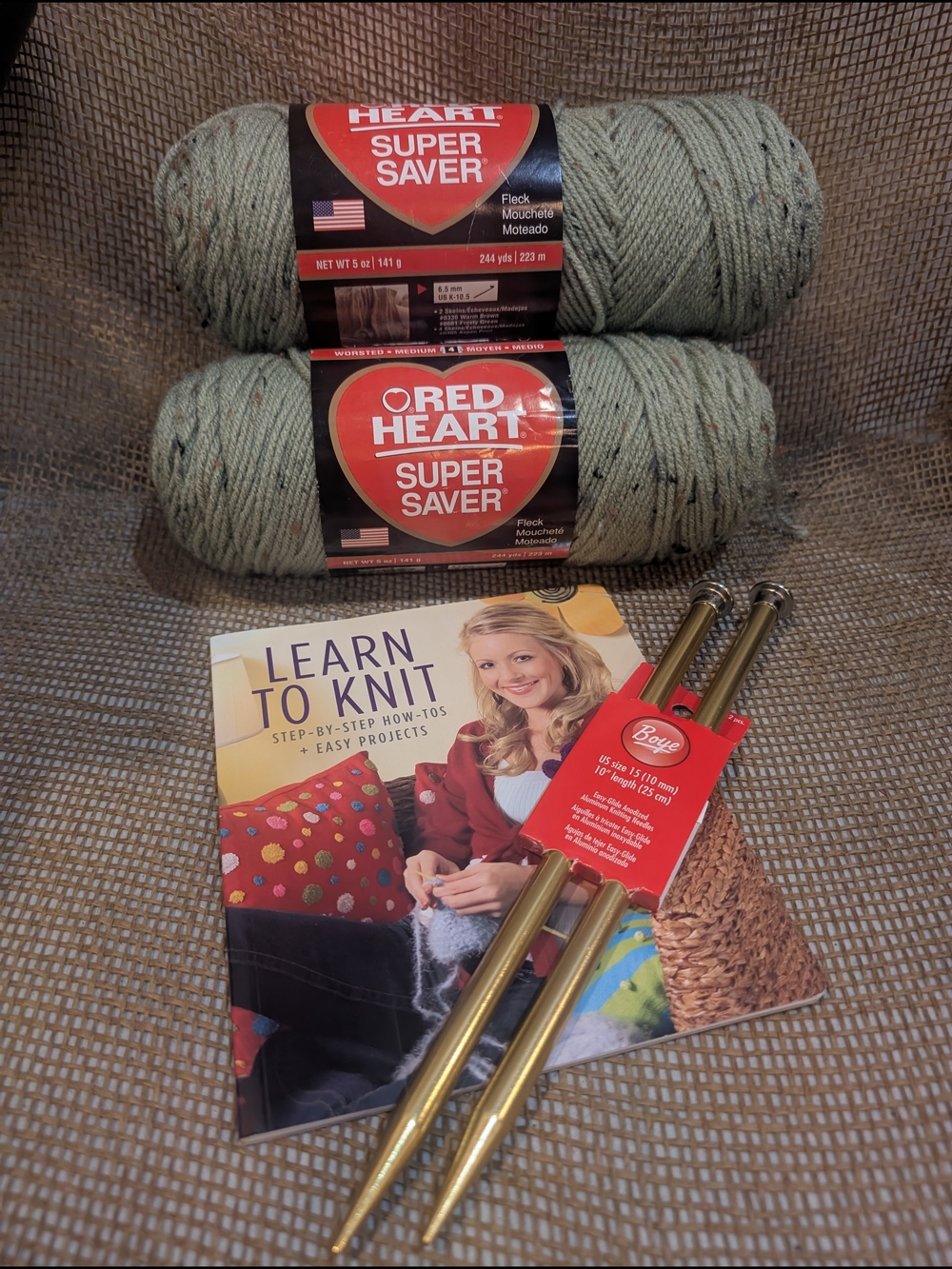 Beginner Knitting Bundle - Red Heart Frosty Green Fleck Yarn